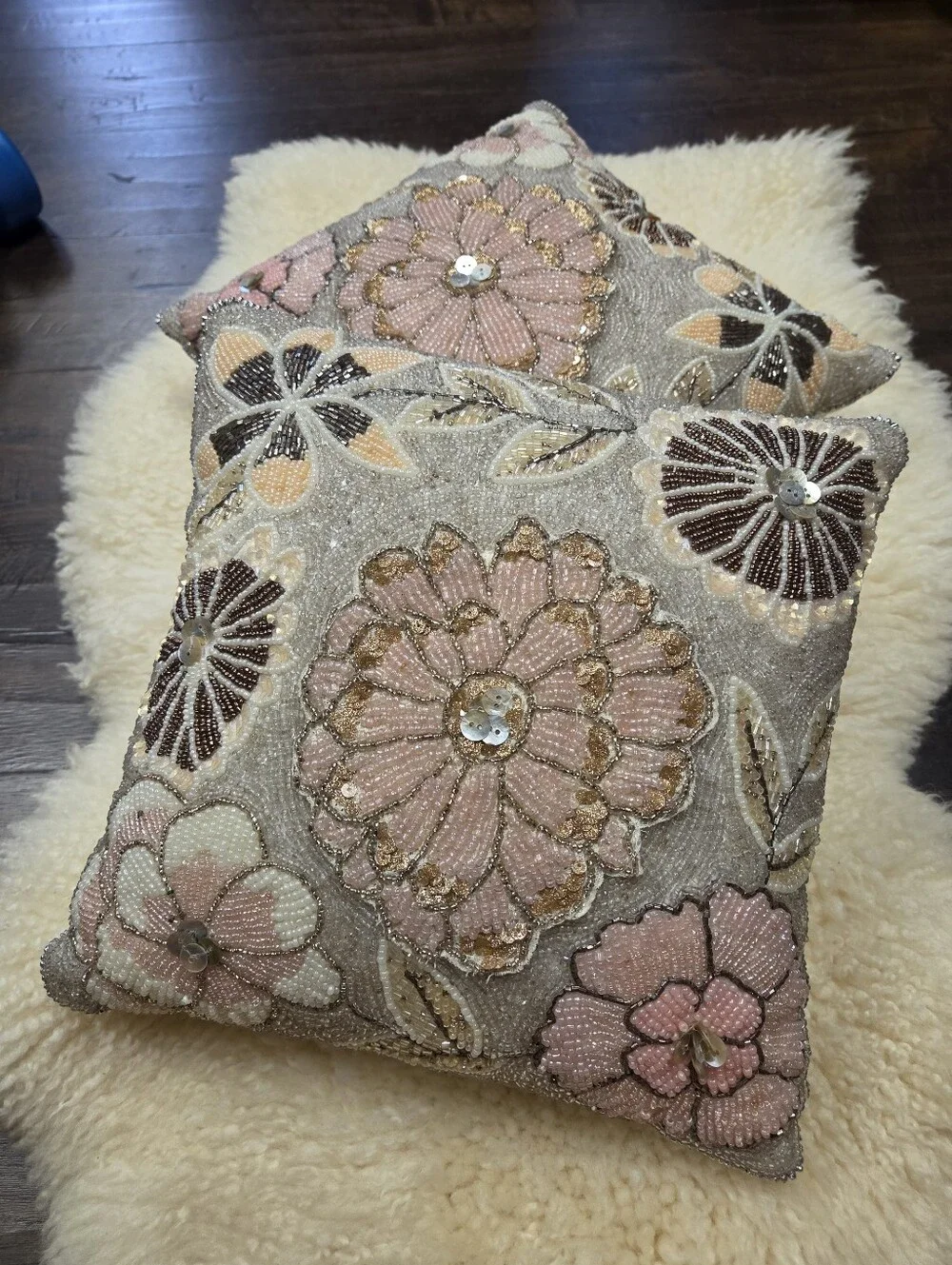 Set of 2 Pier 1 Imports Beaded Sequin Floral Throw Pillows Pink Gold Cream 11